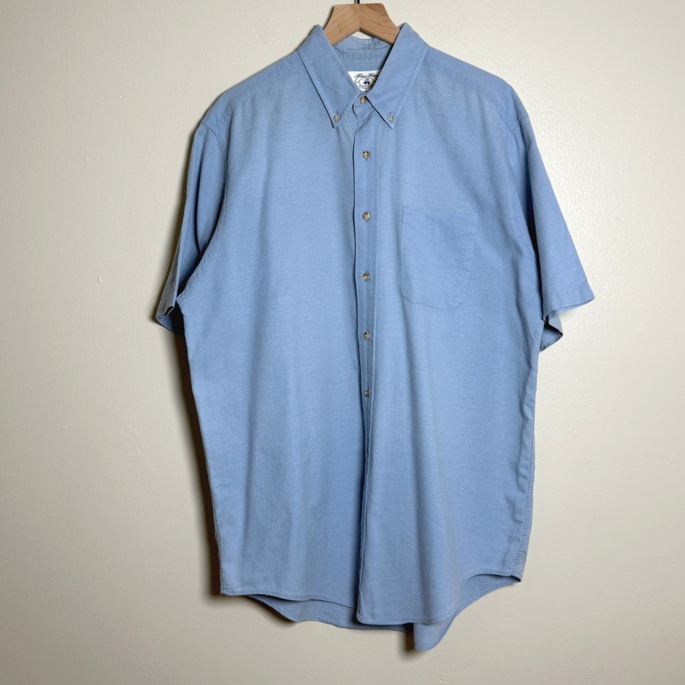 Brooks Brothers Mens Blue Cotton Linen Short Sleeve Button Down Sport Shirt L